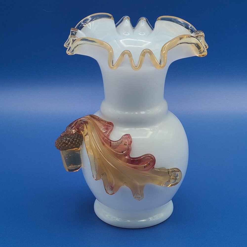Antique Milk Glass Bohemian Bristol Style Ruffle Vase Applied Acorn Oak Leaf
